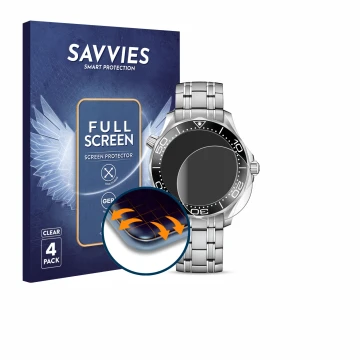 Front side of a product packaging with the brand logo Savvies. Next to it is the device Omega Seamaster Diver 300M (42 mm) sho