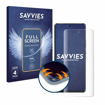 Front side of a product packaging with the brand logo Savvies. Next to it is the device Oppo Reno 10 Pro shown with the corres
