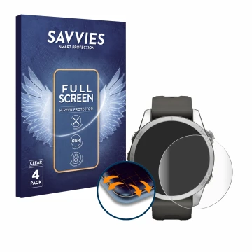 Front side of a product packaging with the brand logo Savvies. Next to it is the device Garmin Fenix 7S Pro Solar (42 mm) show