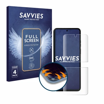 Front side of a product packaging with the brand logo Savvies. Next to it is the device Motorola Razr 40 Ultra shown with the 