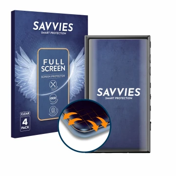Front side of a product packaging with the brand logo Savvies. Next to it is the device Sony Walkman NW-A306 shown with the co