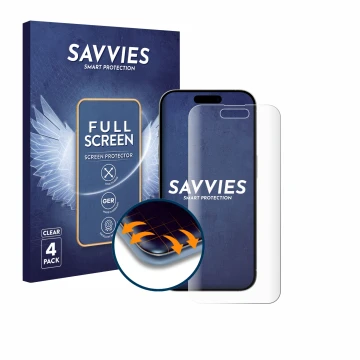 Front side of a product packaging with the brand logo Savvies. Next to it is the device Apple iPhone 15 shown with the corresp