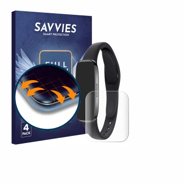 Front side of a product packaging with the brand logo Savvies. Next to it is the device Xiaomi Redmi Watch 3 shown with the co