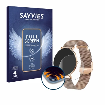 Front side of a product packaging with the brand logo Savvies. Next to it is the device Xcoast X-Watch Siona 2 shown with the 