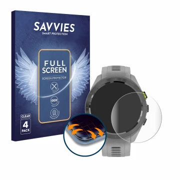 Front side of a product packaging with the brand logo Savvies. Next to it is the device Garmin Approach S70 (42 mm) shown with