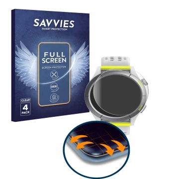 Front side of a product packaging with the brand logo Savvies. Next to it is the device Huami Amazfit Cheetah shown with the c