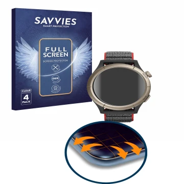 Front side of a product packaging with the brand logo Savvies. Next to it is the device Huami Amazfit Cheetah Pro shown with t