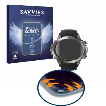 Front side of a product packaging with the brand logo Savvies. Next to it is the device Huami Amazfit Falcon shown with the co