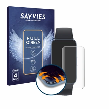Front side of a product packaging with the brand logo Savvies. Next to it is the device Huawei Band 8 shown with the correspon