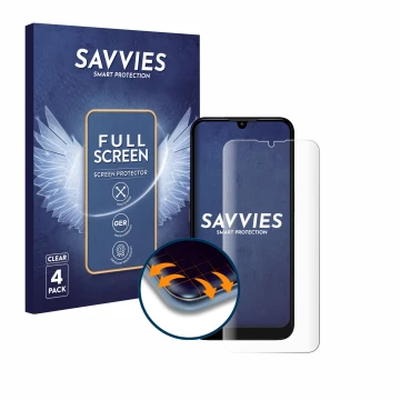 Front side of a product packaging with the brand logo Savvies. Next to it is the device Doro 8200 shown with the corresponding