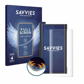 Front side of a product packaging with the brand logo Savvies. Next to it is the device FiiO M15s shown with the corresponding