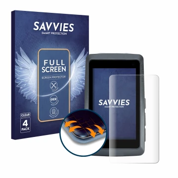 Front side of a product packaging with the brand logo Savvies. Next to it is the device Sigma ROX 12.1 EVO shown with the corr