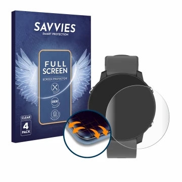 Front side of a product packaging with the brand logo Savvies. Next to it is the device Shot Scope G5 GPS Watch shown with the