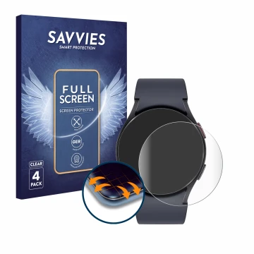 Front side of a product packaging with the brand logo Savvies. Next to it is the device Samsung Galaxy Watch 6 (44 mm) shown w