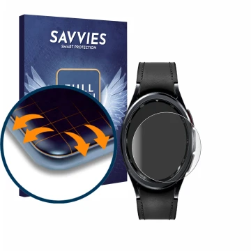 Front side of a product packaging with the brand logo Savvies. Next to it is the device Samsung Galaxy Watch 6 Classic (43 mm)