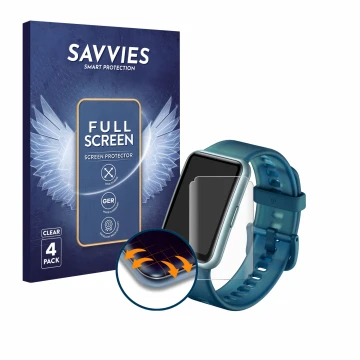 Front side of a product packaging with the brand logo Savvies. Next to it is the device Huawei Watch Fit Special Edition shown