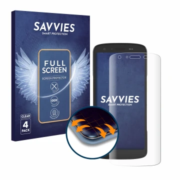Front side of a product packaging with the brand logo Savvies. Next to it is the device Zebra TC27 shown with the correspondin