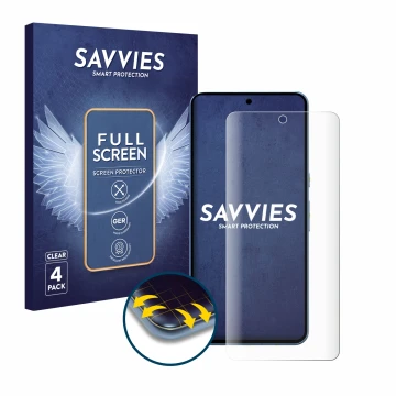 Front side of a product packaging with the brand logo Savvies. Next to it is the device Google Pixel 8 Pro shown with the corr