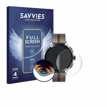 Front side of a product packaging with the brand logo Savvies. Next to it is the device Xiaomi Watch 2 Pro shown with the corr