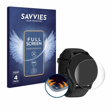 Front side of a product packaging with the brand logo Savvies. Next to it is the device Garmin Venu 3 shown with the correspon