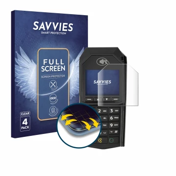 Front side of a product packaging with the brand logo Savvies. Next to it is the device ingenico Lane/3000 (non-touch) shown w