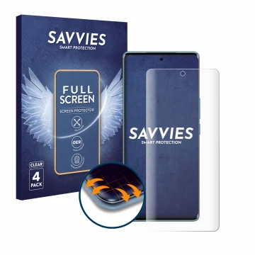 Front side of a product packaging with the brand logo Savvies. Next to it is the device Vivo V29 shown with the corresponding 