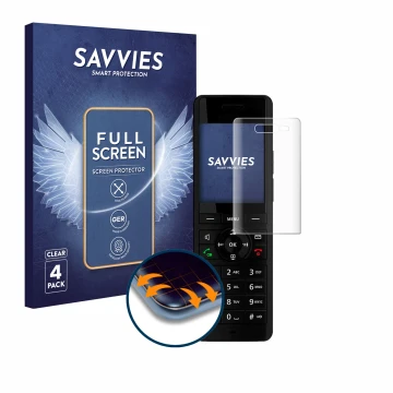 Front side of a product packaging with the brand logo Savvies. Next to it is the device AVM Fritz!Fon X6 Black shown with the 