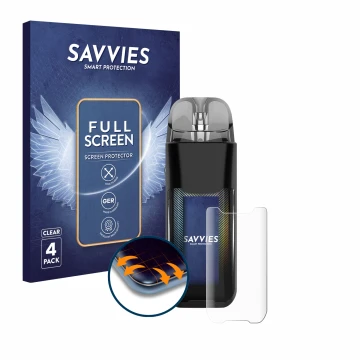 Front side of a product packaging with the brand logo Savvies. Next to it is the device Vaporesso Luxe XR shown with the corre