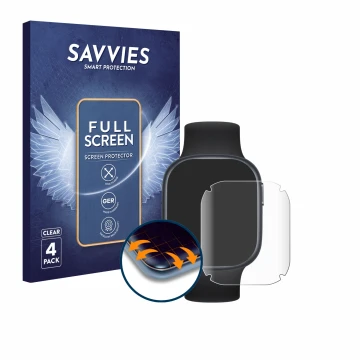 Front side of a product packaging with the brand logo Savvies. Next to it is the device Honor Watch 4 shown with the correspon