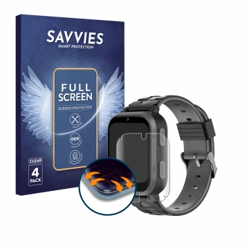 Front side of a product packaging with the brand logo Savvies. Next to it is the device Beafon Kids Watch SW2 shown with the c
