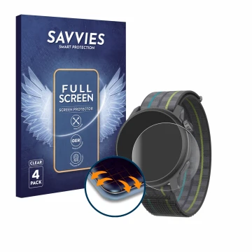 Front side of a product packaging with the brand logo Savvies. Next to it is the device Coros Pace 3 shown with the correspond