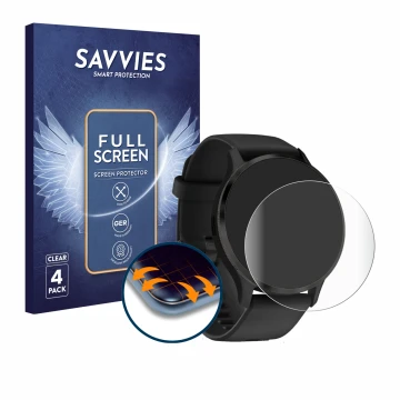 Front side of a product packaging with the brand logo Savvies. Next to it is the device Garmin Venu 3S shown with the correspo