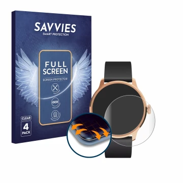 Front side of a product packaging with the brand logo Savvies. Next to it is the device Withings ScanWatch Light shown with th