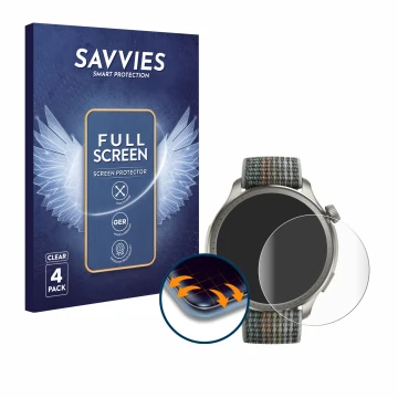 Front side of a product packaging with the brand logo Savvies. Next to it is the device Huami Amazfit Balance shown with the c