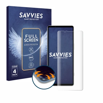 Front side of a product packaging with the brand logo Savvies. Next to it is the device Sony Xperia 5 V shown with the corresp