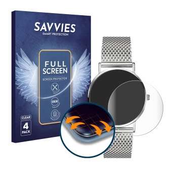 Front side of a product packaging with the brand logo Savvies. Next to it is the device Liebeskind New Case Mesh (34 mm) shown