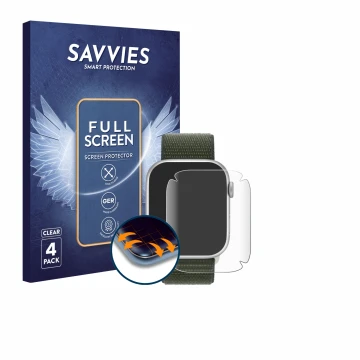 Front side of a product packaging with the brand logo Savvies. Next to it is the device Apple Watch Series 9 (41 mm) shown wit