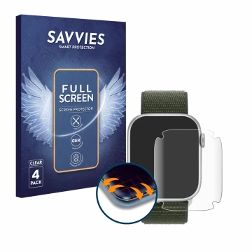 Front side of a product packaging with the brand logo Savvies. Next to it is the device Apple Watch Series 9 (45 mm) shown wit