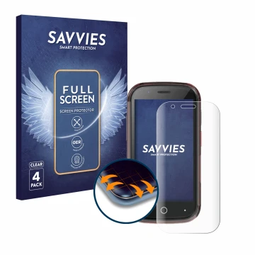 Front side of a product packaging with the brand logo Savvies. Next to it is the device Unihertz Jelly Star shown with the cor