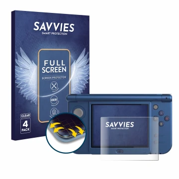 Front side of a product packaging with the brand logo Savvies. Next to it is the device Nintendo New 3DS XL (Lower display) sh