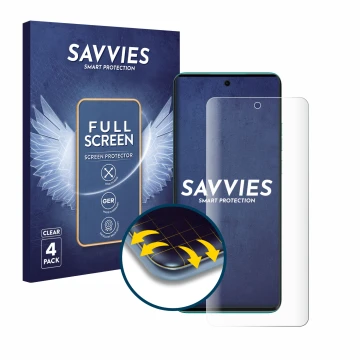 Front side of a product packaging with the brand logo Savvies. Next to it is the device Motorola Edge 40 Neo shown with the co