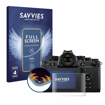 Front side of a product packaging with the brand logo Savvies. Next to it is the device Nikon Z F shown with the corresponding