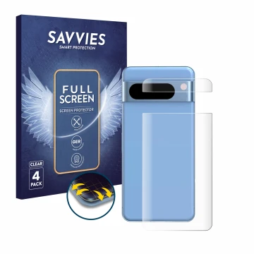 Front side of a product packaging with the brand logo Savvies. Next to it is the device Google Pixel 8 Pro (Back) shown with t