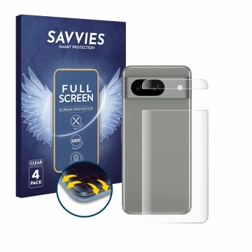 Front side of a product packaging with the brand logo Savvies. Next to it is the device Google Pixel 8 (Back) shown with the c