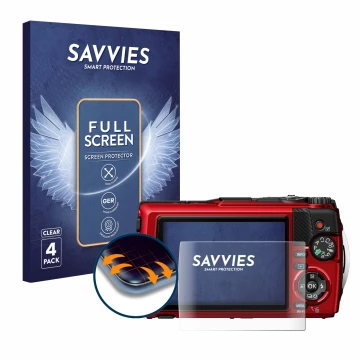 Front side of a product packaging with the brand logo Savvies. Next to it is the device Olympus OM System Tough TG-7 shown wit