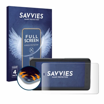 Front side of a product packaging with the brand logo Savvies. Next to it is the device BMW ConnectedRide Navigator shown with