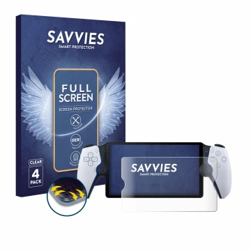 Front side of a product packaging with the brand logo Savvies. Next to it is the device Sony Playstation Portal shown with the