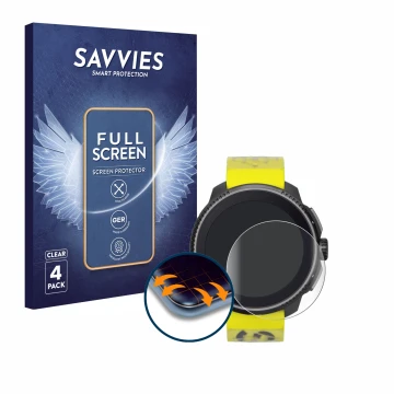 Front side of a product packaging with the brand logo Savvies. Next to it is the device Suunto Race shown with the correspondi