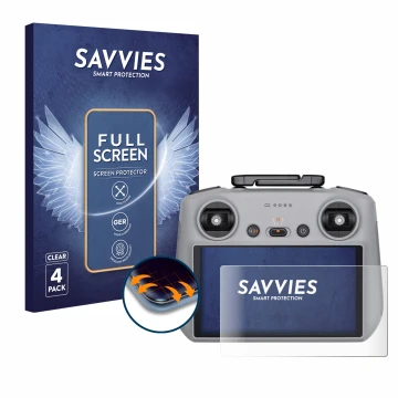 Front side of a product packaging with the brand logo Savvies. Next to it is the device DJI RC 2 shown with the corresponding 