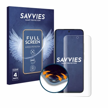 Front side of a product packaging with the brand logo Savvies. Next to it is the device Xiaomi 14 shown with the corresponding